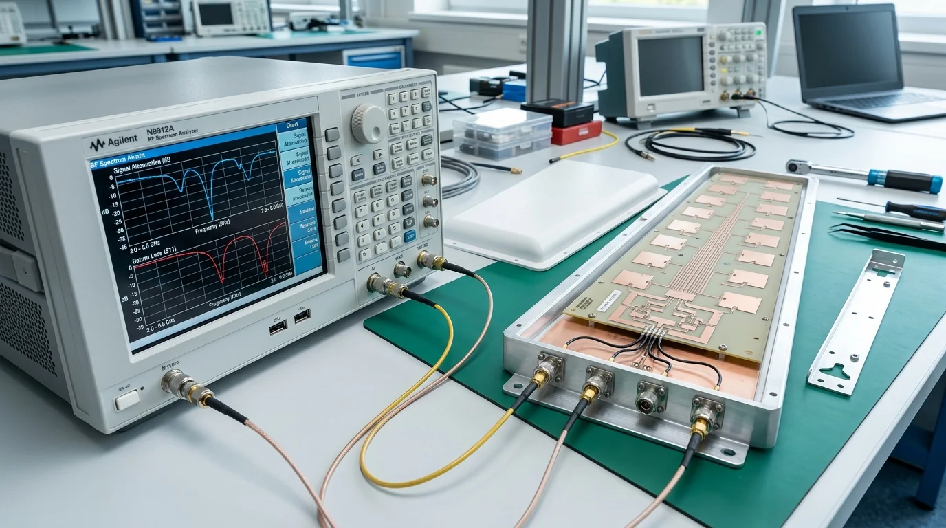 Stanowisko pomiarowe z analizatorem widma RF badające tłumienie kabli koncentrycznych oraz zysk anteny 5G
