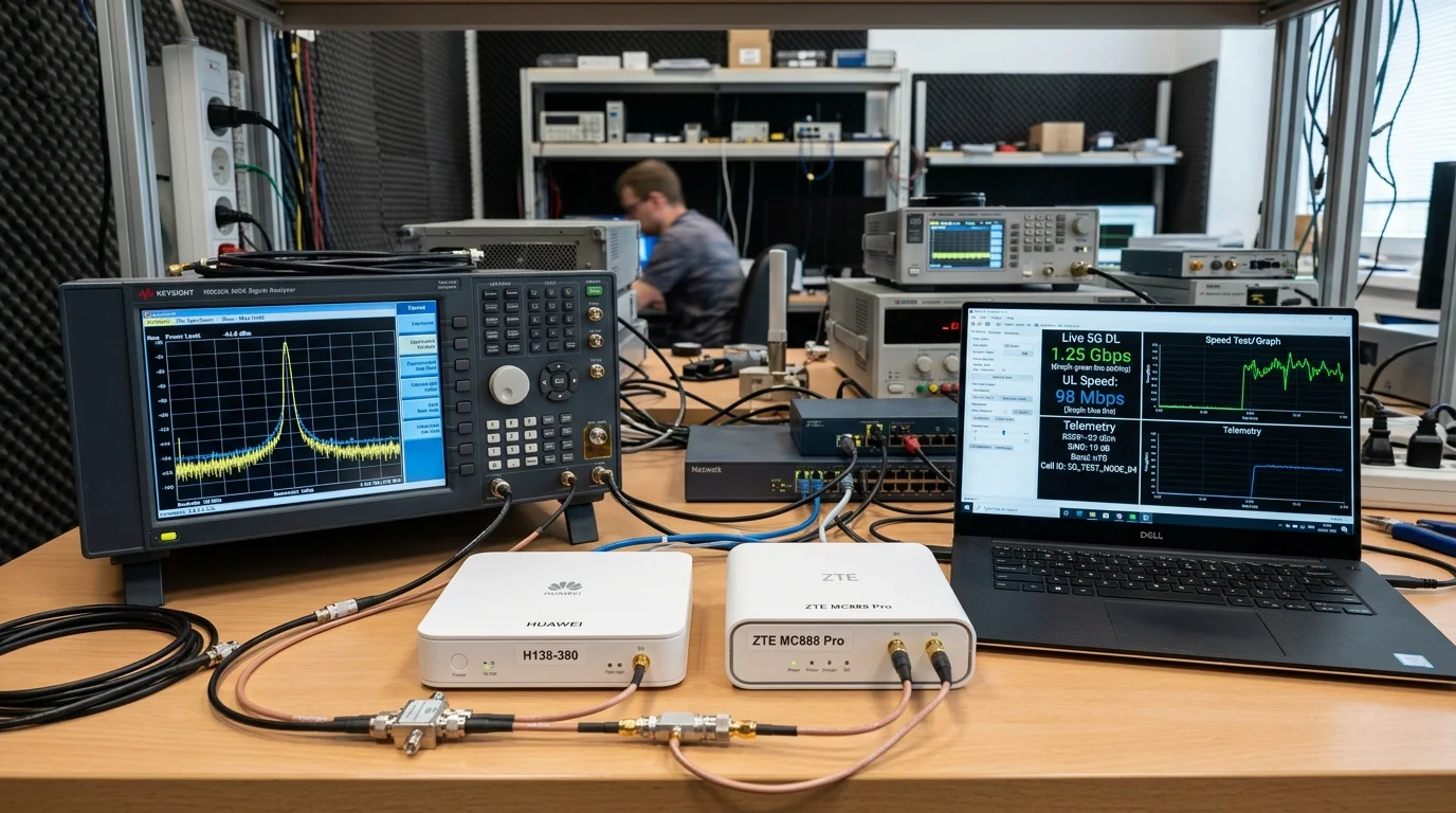 Pomiary telemetryczne i laboratoryjne routerów 5G Huawei oraz ZTE na stanowisku z analizatorem RF