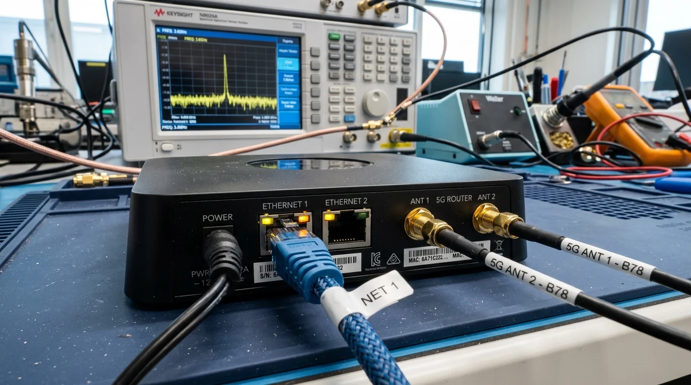 Stanowisko pomiarowe w laboratorium RF badające porty Ethernet i złącza antenowe routera 5G ZTE