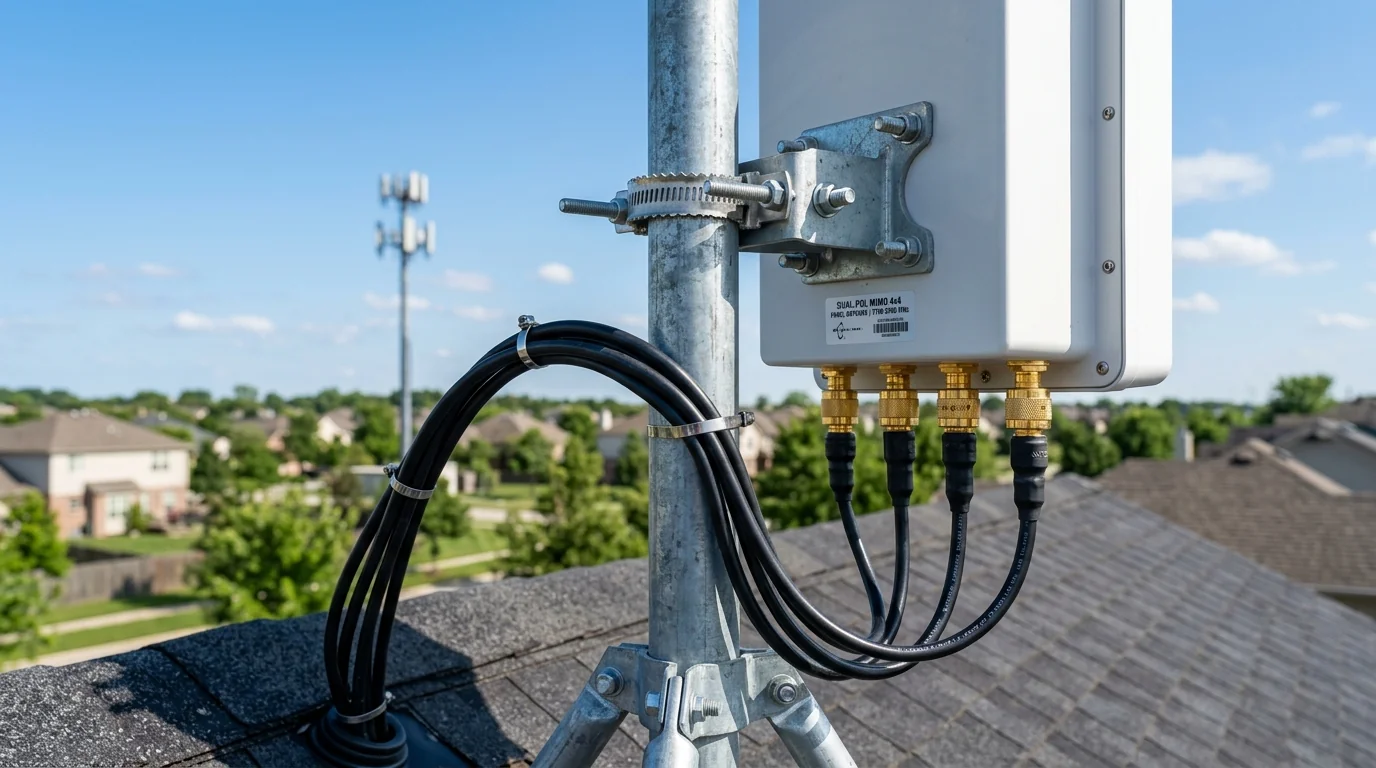 Zewnętrzna kierunkowa antena panelowa 5G MIMO 4x4 zamontowana na stalowym maszcie dachowym