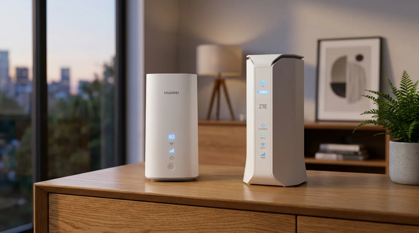 Stacjonarne routery 5G Huawei 5G CPE Pro 2 oraz ZTE MC888 na nowoczesnej szafce RTV w salonie