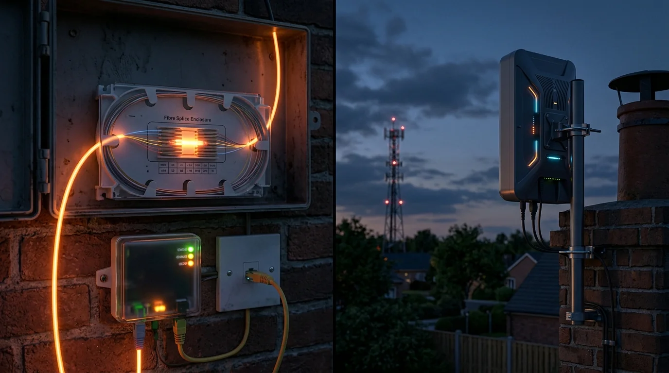 Porównanie infrastruktury światłowodowej FTTH i zewnętrznej anteny 5G ODU-IDU na budynku